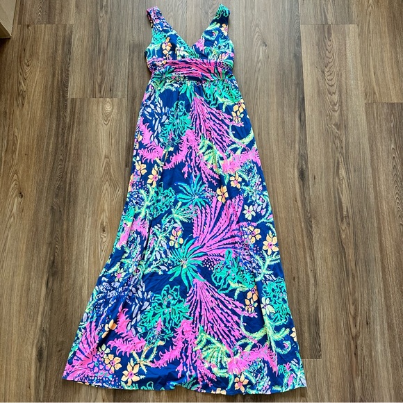 Lilly Pulitzer Sloane Maxi Dress Medium All Aglow Blue Pink Sleeveless Resort - Picture 1 of 11